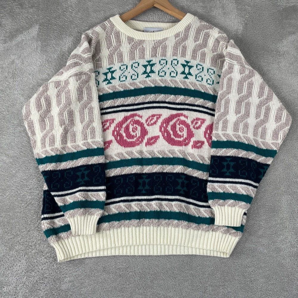 Bay Point Threads Sweater Womens Medium Cream Pink Floral Geometric USA Vintage